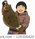 Illustration of a fisherman catching a flounder 126300420