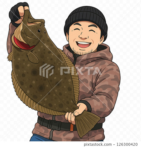 Illustration of a fisherman catching a flounder 126300420