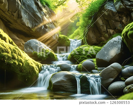 Mossy stream bathed in morning sun-2 126300553