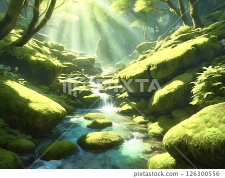 Mossy stream bathed in morning sun-5 126300556
