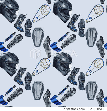 Moto gear, equipment, accessories seamless pattern. Motorcyclist helmet, protective glove and boot, kneepad. Chain, shock absorber, blue visor. Watercolor illustration isolated on grey background Moto gear, equipment, accessories seamless pattern. Motorcyclist helmet, protective glove and boot, kneepad. Chain, shock absorber, blue visor. Watercolor illustration isolated on grey background 126300563