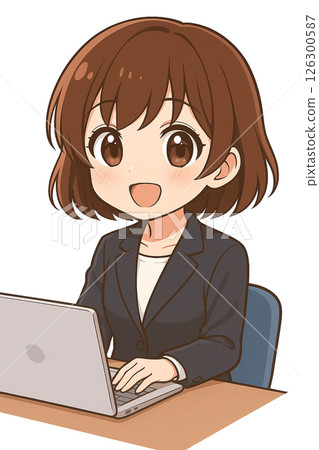 A woman in a suit operating a personal computer A woman in a suit operating a personal computer 126300587