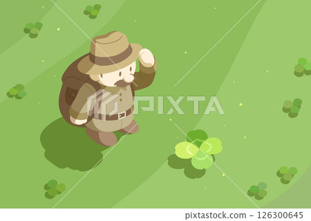 一位男性探險家角色找到四葉草的場景或與幸福和福祉相關的向量插圖 一位男性探險家角色找到四葉草的場景或與幸福和福祉相關的向量插圖 126300645