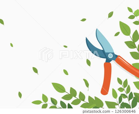 Green leaves and pruning tool placed in an open layout for gardening content 126300646