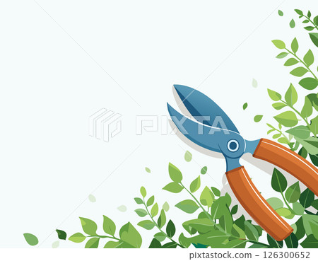 Leafy border with shears featured in a clean garden layout Leafy border with shears featured in a clean garden layout 126300652