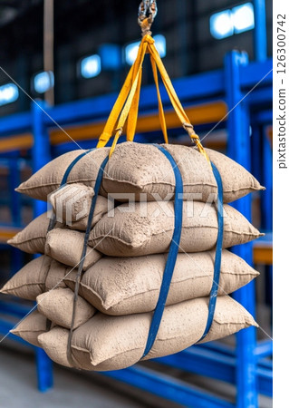 Heavy sacks of sand being lifted by crane in a warehouse during daylight hours 126300742