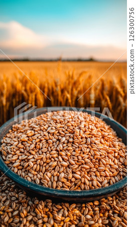 Freshly harvested grains in a field at sunset highlighting agricultural abundance and natural beauty 126300756