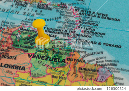 Location pin on map highlighting Venezuela in South America 126300824
