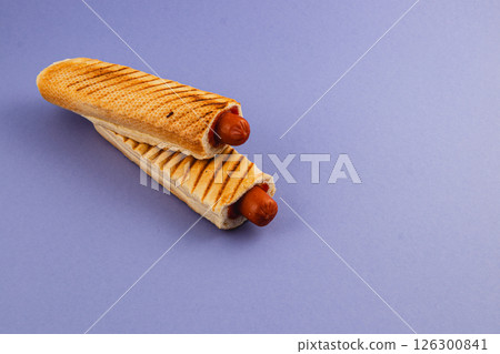Delicious grill marks on two hot dogs in toasted buns Delicious grill marks on two hot dogs in toasted buns 126300841