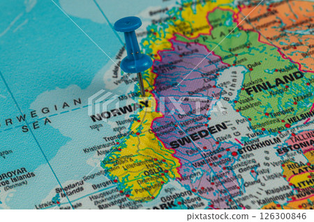 Colorful map highlighting Norway and Sweden with a pushpin 126300846