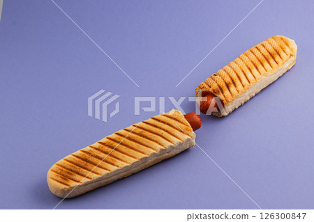 Food art of grilled sandwich with hot dog on purple background 126300847