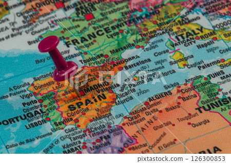 Map highlighting Spain with a pushpin in Europe Map highlighting Spain with a pushpin in Europe 126300853