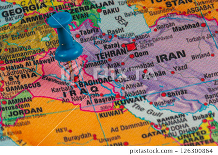 Map highlighting Iraq with pushpin indicating location 126300864