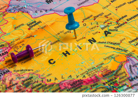 Colorful map of China marked with push pins for travel plans 126300877