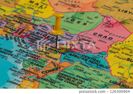 Map showing Cameroon with a pin marking its location in Africa 126300904