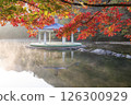 Morning view of a misty lake with red maple leaves 126300929