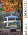 Morning view of a misty lake with red maple leaves 126300930