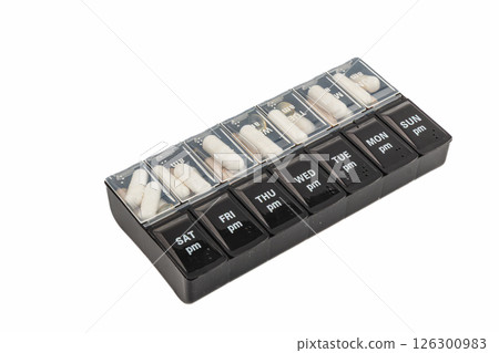 Weekly pill organizer with compartments for daily medication Weekly pill organizer with compartments for daily medication 126300983