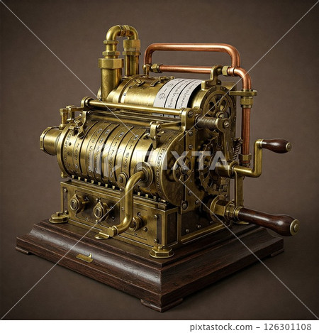Steampunk style mechanical calculator. Hand-cranked calculator/cash register 126301108
