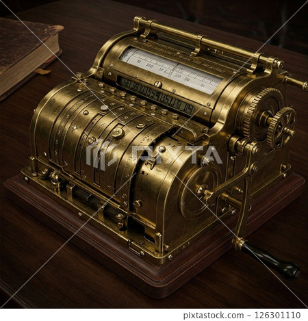 Steampunk style mechanical calculator. Hand-cranked calculator/cash register 126301110