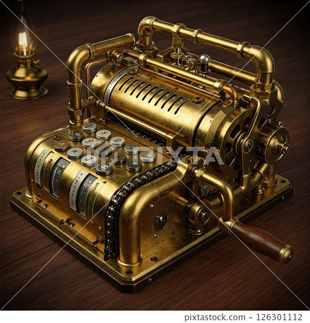 Steampunk style mechanical calculator. Hand-cranked calculator/cash register 126301112