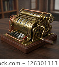 Steampunk style mechanical calculator. Hand-cranked calculator/cash register 126301113