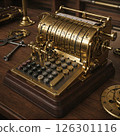 Steampunk style mechanical calculator. Hand-cranked calculator/cash register 126301116