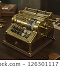 Steampunk style mechanical calculator. Hand-cranked calculator/cash register 126301117