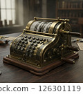 Steampunk style mechanical calculator. Hand-cranked calculator/cash register 126301119