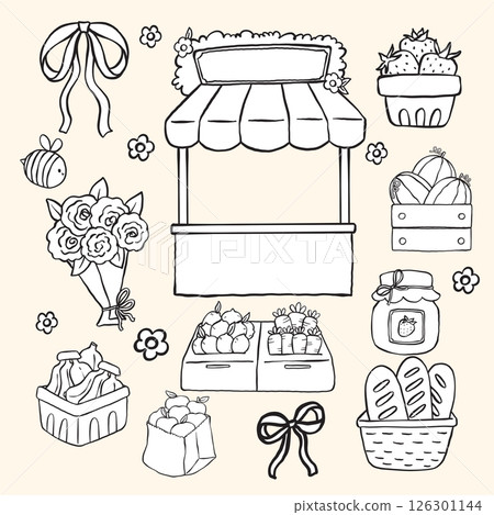 Cute Girly Farmers Market Stand and Fruit, Veggies, Floral Produce Doodle Outline Hand Drawn Coloring Image Set 126301144