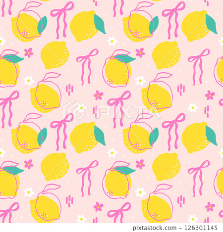 playful coquette lemon with vibrant pink ribbon in seamless repeating pattern,summer wallpaper girly kawaii aesthetic playful coquette lemon with vibrant pink ribbon in seamless repeating pattern,summer wallpaper girly kawaii aesthetic 126301145