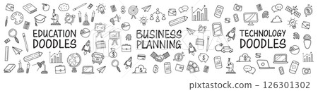 Business Technology and Education doodles hand drawn icons. Business Technology and Education doodles hand drawn icons. 126301302