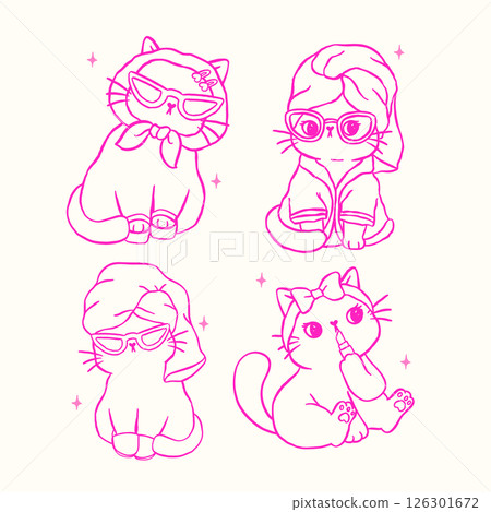 Cute Retro Self Love Cat Outline Self care Self confidence Kitten Cartoon Doodle Hand Drawn set 126301672