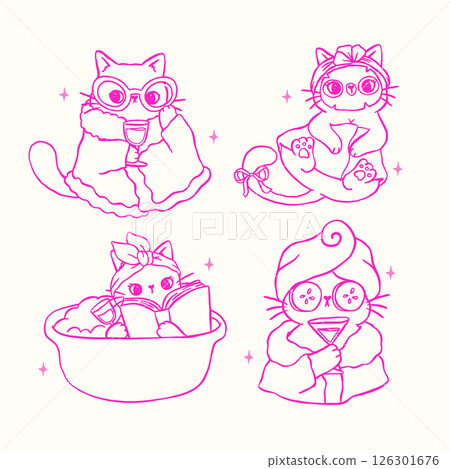 Cute Self Love Cat Outline Self care Self confidence Kitten Cartoon Doodle Hand Drawn set 126301676