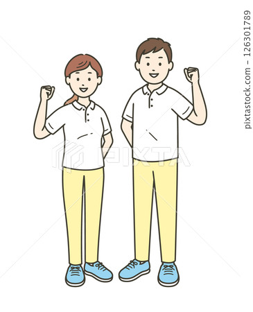 男性和女性護理人員做拳頭泵 男性和女性護理人員做拳頭泵 126301789