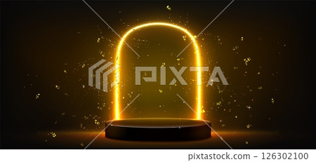 Glowing gold podium display on black background 126302100