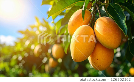 Sunlit mango plantation background 126302162