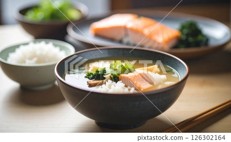 A classic Japanese breakfast: salmon and miso soup4 126302164