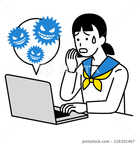 A female student is troubled by a laptop computer infected with a computer virus A female student is troubled by a laptop computer infected with a computer virus 126302467