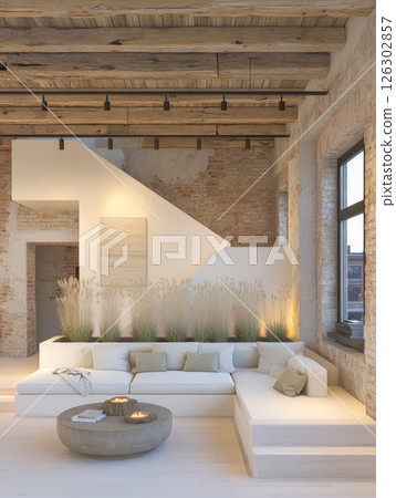 Stylish modern living room with natural elements in cozy urban space 126302857