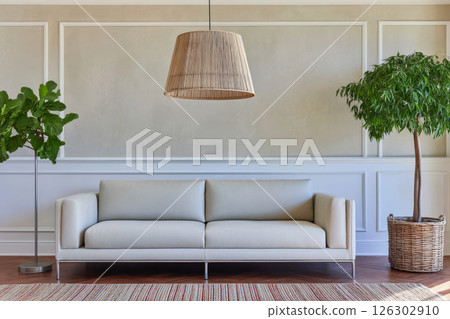 Modern living room with neutral tones and natural decor in a stylish setting 126302910