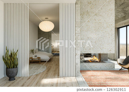 Modern minimalist interior design showcasing a cozy living space with a fireplace and bedroom Modern minimalist interior design showcasing a cozy living space with a fireplace and bedroom 126302911