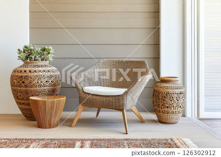 Cozy rattan armchair and decorative vases in modern living space 126302912