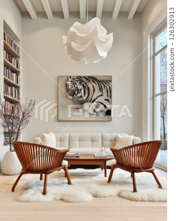 Modern living room with artistic decor and a tiger painting in a cozy setting Modern living room with artistic decor and a tiger painting in a cozy setting 126302913