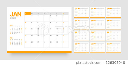 Monthly calendar layout for 2026. Planner diary. 126303048