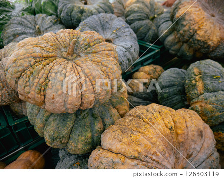 Pile of pumpkin in the supermarket. Pile of pumpkin in the supermarket. 126303119