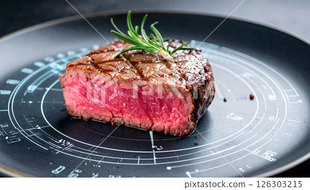 A medium-rare steak with rosemary on a black plate with a circuit-like pattern, combining food and tech visuals. A medium-rare steak with rosemary on a black plate with a circuit-like pattern, combining food and tech visuals. 126303215