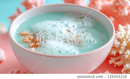 A light blue foamy liquid with coral pieces in a bowl, surrounded by coral. 126303220