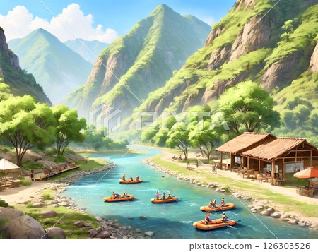 人們在深山老林裡的河裡玩耍 126303526