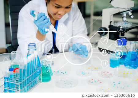 Young scientists conducting research investigations in a medical laboratory, a researcher in the foreground 126303610